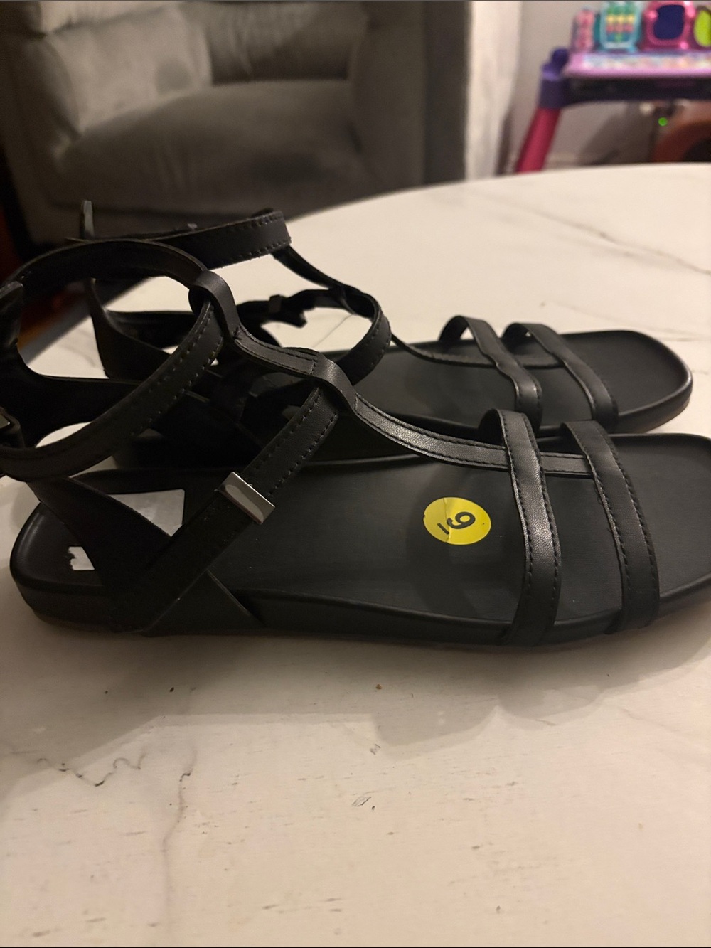 Franco Sarto Black Strappy T‑Bar Flat Sandals - Picture 6 of 9